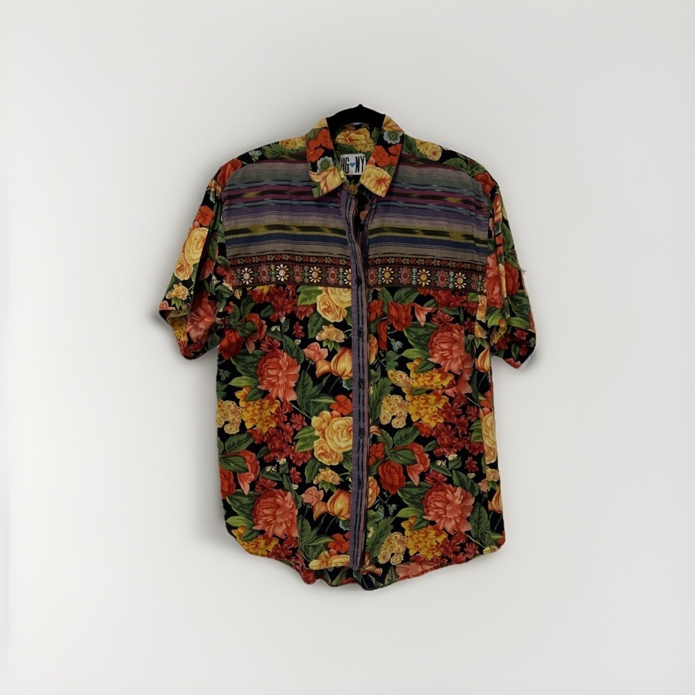 Vtg HG NY Button Down Shirt Womens Medium Multicolor Floral 90s Tropical